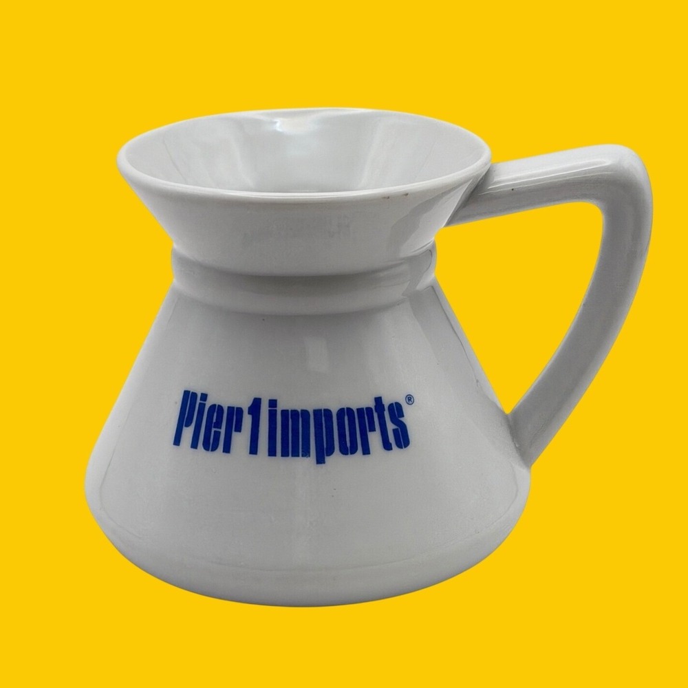 Pier 1 Imports White Ceramic No Tip Wide Base Coffee Mug Blue Logo Retro Travel